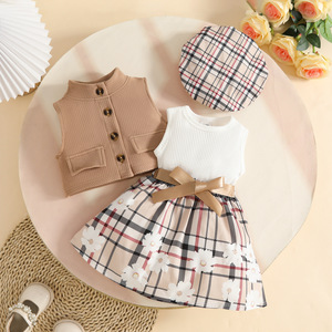 Ensemble d'été pour bébé <span class=keywords><strong>fille</strong></span> de 0 à 3 <span class=keywords><strong>ans</strong></span> : <span class=keywords><strong>Manteau</strong></span> sans manches à col montant simple boutonnage en laine peignée + Robe-veste à carreaux côtelés et chapeau - Product Image 4