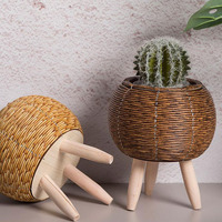 Jardinière de sol support rotin tissé panier pot de plante avec jambes Pot de fleur pour appartement salon boule marron clair