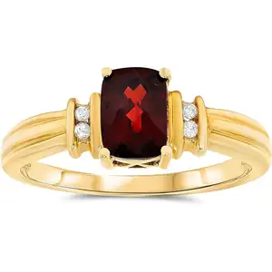 14K Yellow Gold Garnet Cushion Genuine Gemstone and Diamond Ring For Women Birthstone of January