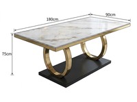 Ensemble de table à manger moderne de luxe en pierre frittée blanche brillante, base rectangulaire en métal doré incurvé
