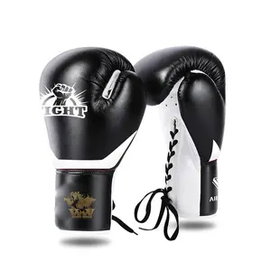 Custom Logo Manufacture Personalized Black PU Leather Lace-Up Adjustable Wrist <b>Strap</b> Lightweight Breathable MMA Boxing Gloves - Product Image 1