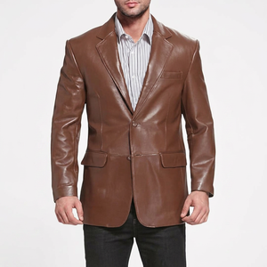 Men's Brown Leather Blazer Slim Fit Collar Single Button <b>Smart</b> Casual <b>Jacket</b> Regular Sleeve - Product Image 1