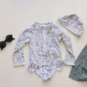 Traje de baño infantil de verano para bebé, conjunto de gorro de natación, <span class=keywords><strong>disfraz</strong></span> de manga larga para niñas, mameluco con estampado de flores, ropa de bebé - Product Image 3