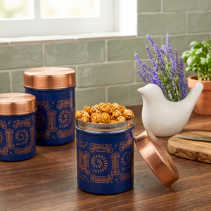 Boîte de conservation alimentaire en métal de style marocain, ronde avec couvercle, design cuivre bleu, 1-3L, boîte de rangement pour épices, garde au frais - Product Image 4