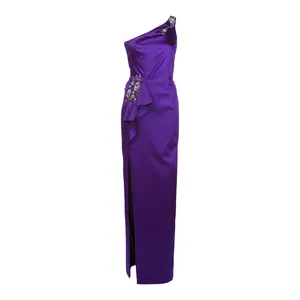 Latest Design One Shoulder Shining Sequin Purple Party Dresses High Slit Full Length Maxi Women Evening Dresses