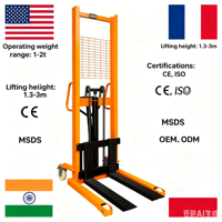 Nouveau transpalette manuel économique et stable de 1 à 2 tonnes, levée de 1,6 m, fourche de 85 mm, mât monophasé, CE ISO, chariot élévateur d'entrepôt intérieur