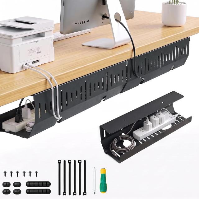 Under Desk Cable Management Tray, 2 Pack, 16.5 in, Metal, Black, Office & Home Cord Under Desk Shelf, Easy Install Pre-drilled
