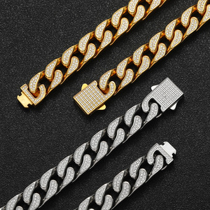 สร้อยคอฮิปฮอปสไตล์คิวบาสำหรับผู้ชาย ประดับเพชรซิร์คอน สร้อยคอแฟชั่นทันสมัย ตัวล็อคแบบสปริง สร้อยคอสแตนเลส แทนจิง - Product Image 1