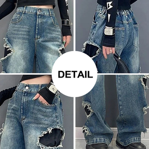 Pantalons en <span class=keywords><strong>jean</strong></span> pour femmes de haute qualité, lavés, personnalisés, trous de haute qualité, style hip-hop, pantalons en <span class=keywords><strong>jean</strong></span> baggy pour femmes, jeans droits délavés - Product Image 6