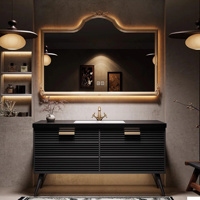 Meuble-lavabo flottant rétro français en bois massif avec vasque en céramique en pierre frittée, armoire miroir LED intelligente