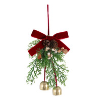 Hiasan Pintu Natal Buatan Tangan Mini dari PVC PE dengan Pita Beludru Merah, Buah Pinus, Lonceng Emas, Dekorasi Rumah untuk Liburan.