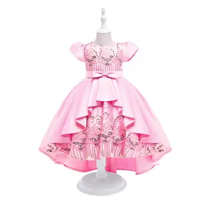 Robe de princesse d'été pour filles Robe de mariage d'anniversaire pour enfants Robe de fête avec nœud brodé Robes de demoiselle d'honneur traînantes