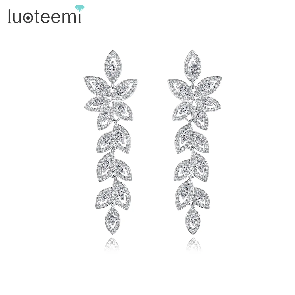 LUOTEEMI Wedding Jewelry Boho Earring Full Crystal Rhinestone Loog Drop Leaf-Shape Bridal Jewelry Earrings