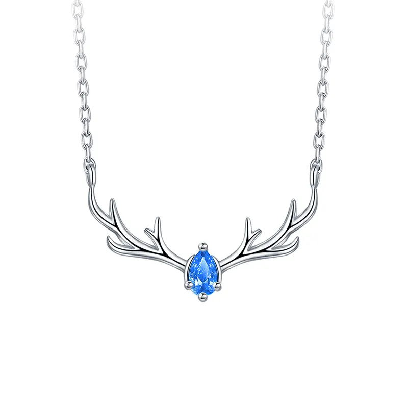 Fabrik Großhandel Mode weiß blau Zirkon niedlichen Geweih Mädchen 925 Sterling Silber Frauen Anhänger Schmuck Geweih Halskette