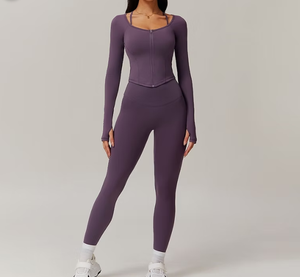 Vente en gros de spandex 3 pièces pour femmes taille plus personnalisé ensemble de yoga à manches longues veste de fitness fournisseur de vêtements de sport respirants - Product Image 3