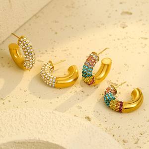 Boucles d'oreilles fantaisie pour femmes, forme en C, bijoux imperméables, acier inoxydable, strass, zircone, boucles d'oreilles à clip, huggies - Product Image 2