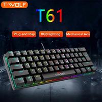 Portable Office Design T-WOLF T61 60% Mini Wired Gaming Keyboard Mini 61 Key RGB Light Effect USB Connection Mechanical Keyboard