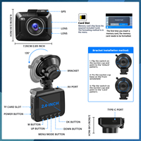 Caméra de tableau de bord Podofo 2,4 pouces 4K et 1080P MINI à double objectif, caméra avant et arrière, enregistrement en boucle, vision nocturne, GPS/5G WIFI, capteur G