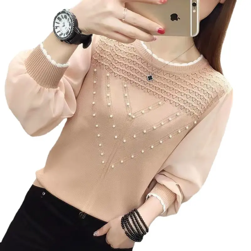 Women's Elegant Floral Long-Sleeved Chiffon Yarn Splicing Knit Sweater Lace Neck Bottoming Shirt Spring Crew Neck Women's