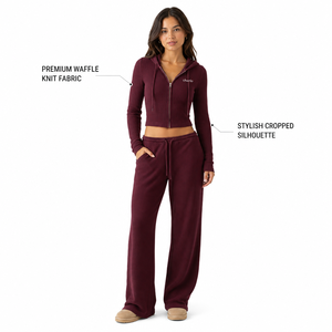 Charlo Women Premium Waffle <b>Lounge</b> Set Cropped Zip-up Hoodie <b>Wide</b>-<b>leg</b> <b>Pants</b> Textured Knit Wholesale Custom OEM Bulk - Product Image 2