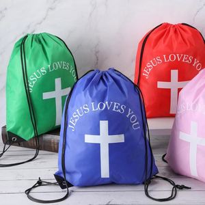 Multicolor Jesus Loves You <b>Drawstring</b> <b>Backpack</b> Bulk Easter Church Gifts Christian Religious Polyester Gift Bag - Product Image 1