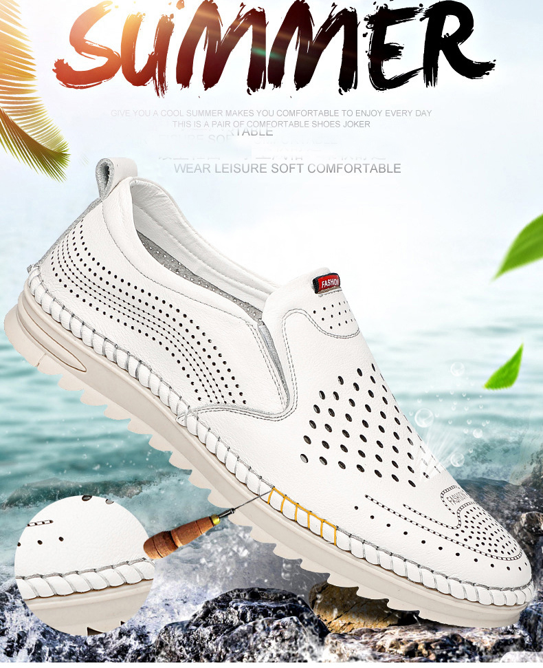 Men Fashion Footwear Summer White Leather Hollowed Men Casual Shoes