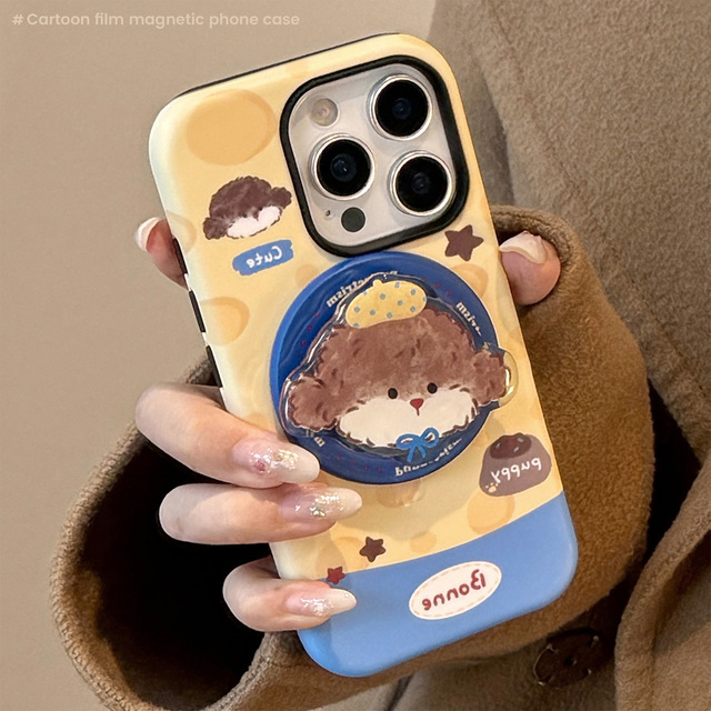 Cute Cheese Dog Magnetic Phone Case Cartoon Film Skin Cover with Bowknot Stars for iPhone 17 16 15 Pro Max 11 Series