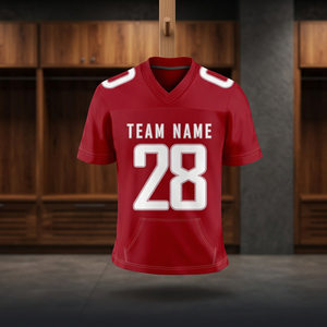 Maillot de football américain rouge personnalisé pour homme, col en V, manches courtes, impression par sublimation, nom de l'équipe, 28, polyester respirant, coupe régulière pour adulte - Product Image 2