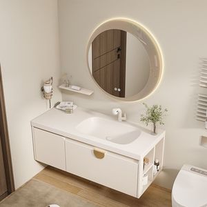 Cream White Wall-Mounted Bathroom <b>Vanity</b> with Round <b>LED</b> Smart Mirror Soft-Close Storage Drawers - Product Image 2