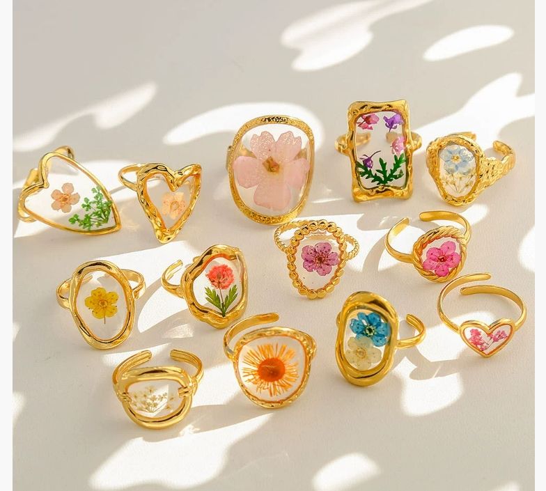 Trendy Minimalist Preserved Flower Inlay Ring Women Luxurious 18K Gold ...