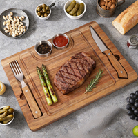 Planche à steak multifonctionnelle en bois d'acacia, plateau à steak, planche à découper avec fourchette, couteau et plateau de service en bois massif pour la maison