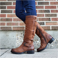 Nouvelles Bottes Hautes à Boucle Unique 2026 avec Fermeture Éclair Latérale Intégrale, Style Vintage Bordeaux, Talon Carré Bas Tendance, Chaussures Décontractées