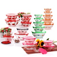 Ensemble de 5 saladiers ronds en verre écologiques avec couvercles imprimés floraux, verrerie riche en fonctionnalités