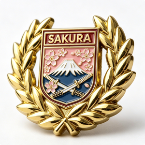 Badge souvenir en métal Sakura Shield plaqué or, émail dur, avec le mont Fuji et des fleurs de cerisier - Product Image 2