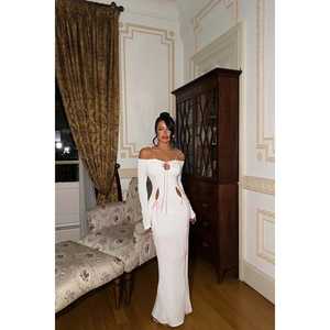 <b>White</b> <b>Tie</b>-Up Long Evening Dress - Product Image 3