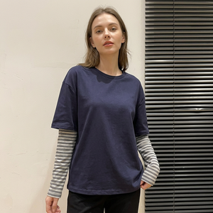 Camiseta Casual de Cuello Redondo para Mujer, Color Sólido, Manga Larga, Diseño a Rayas en Capas, Transpirable, de Algodón Tejido, 220g - Product Image 4