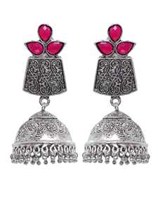 Best Indian Oxidised <b>Silver</b> Long Jhumka <b>Earrings</b> for <b>Women</b> and Girls Pink Crystal Fashion Jewelry Sets at Price - Product Image 2
