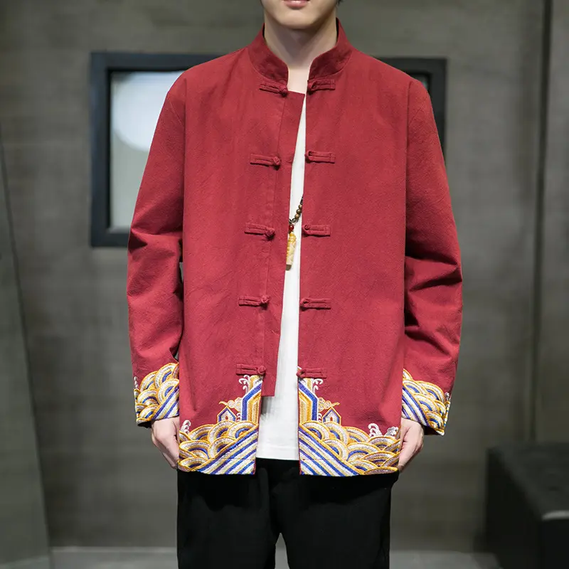 Ropa de estilo chino para hombre, ropa de algodón y lino con hebilla de bobina, cuello levantado, traje mejorado Han Tang, abrigo retro, otoño e invierno, 2022