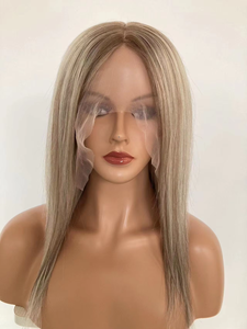 Perruque médicale la plus populaire en cheveux humains <span class=keywords><strong>blond</strong></span> <span class=keywords><strong>cendré</strong></span>, avec dessus en silicone antidérapant et soyeux, entièrement nouée à la main, sans colle ni ruban, facile à utiliser - Product Image 5