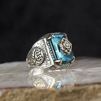 Nouvelle bague élégante style hip-hop, bague rétro carrée avec pierre précieuse, bague punk tendance pour homme, signet turc fait main, zircon vert