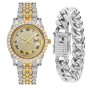 Suxuan Montre à quartz décontractée incrustée de diamants pour hommes Montre en cristal à la mode + <span class=keywords><strong>bracelet</strong></span> Ensemble montre-cadeau - Product Image 1