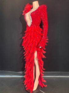 Elegante <span class=keywords><strong>Abito</strong></span> da Sera <span class=keywords><strong>Rosso</strong></span> Lungo fino al Pavimento per Donne, Lussuoso con <span class=keywords><strong>Spacco</strong></span> Alto, Paillettes e Strass in Tessuto di Lana - Product Image 4