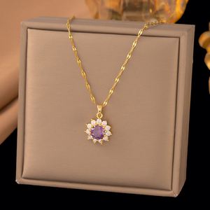 Collier tendance pour femme avec pendentif géométrique en zircon violet, chaîne de clavicule en acier inoxydable plaqué or rose pour anniversaire - Product Image 4