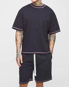 Black Breathable Summer Casual Printed Tall Official Man Contrast Stitch Oversized <b>Boxy</b> <b>T</b>-<b>Shirt</b> & Relaxed Jersey Short Set - Product Image 1
