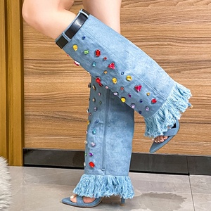 Women Colorful Diamonds Summer <b>Shoes</b> Denim High Heels Stiletto Knee High Boots Open Toe Overlay Fringes Sandals - Product Image 3