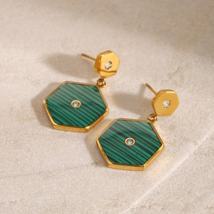 Hexagon Geometric <b>Stud</b> <b>Earrings</b> Green Stripe Gold Plated Party Fashion Jewelry - Product Image 2