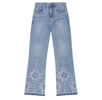 Jean en denim décontracté d'été pour femme, broderie Madeira, ajouré à œillets, motif floral, taille haute, coupe droite ample, boutonné, tissé