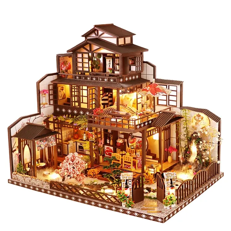 Kids Toy Wholesale Diy Wooden Furniture Dollhouse Wooden Miniature Houses Japanese Loft Courtyard With Led For Gift