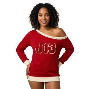 Custom Women's Red Asymmetric <b>Off</b>-<b>Shoulder</b> Fleece Knitted <b>Long</b> <b>Sleeve</b> Streetwear Winter Sweatshirt Casual Streetwear <b>Tops</b> - Product Image 1