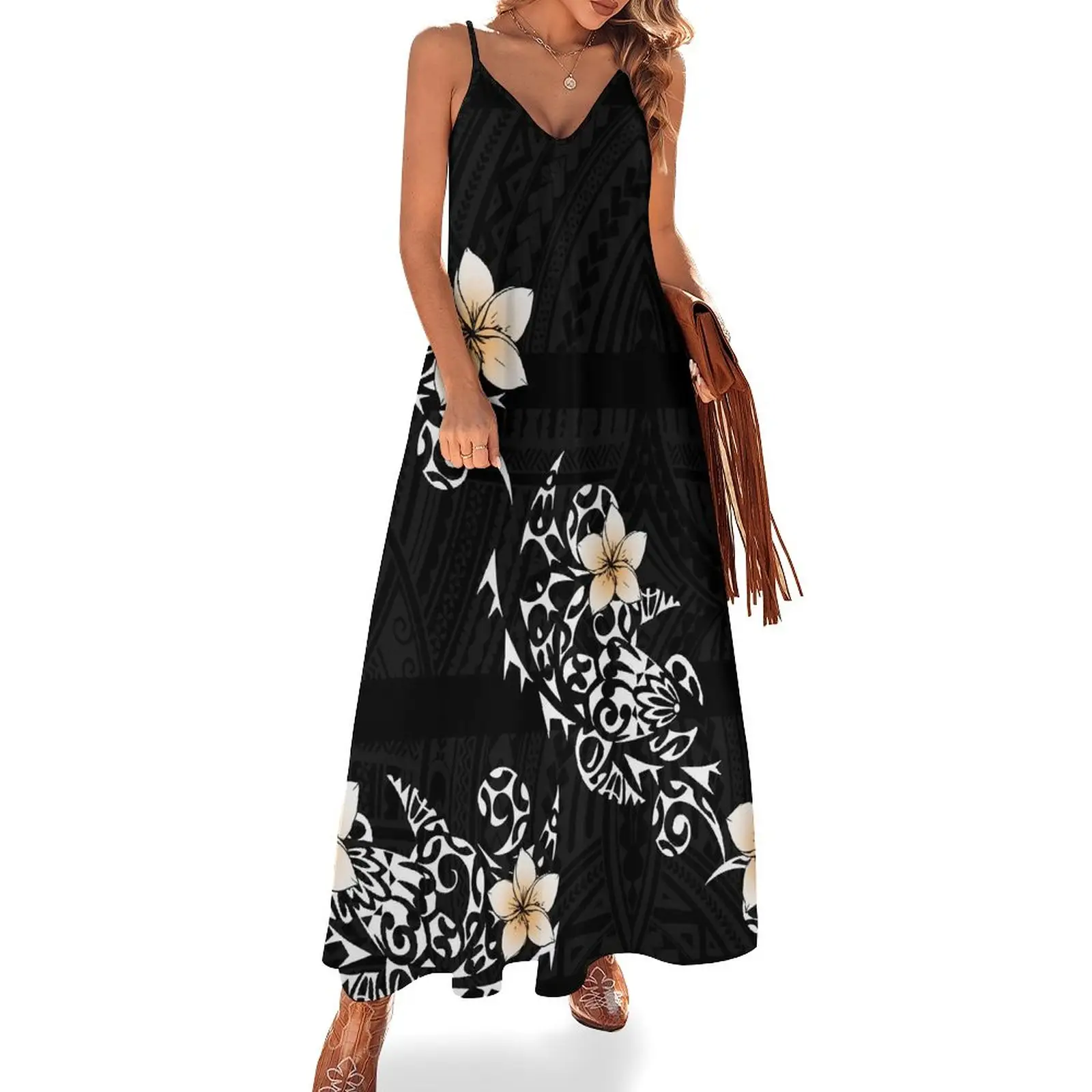 Summer new bohemian maxi dress abbigliamento personalizzato donna plus size sling dress abiti neri con stampa samoica polinesiana